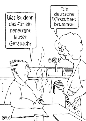 Cartoon: penetrantes Geräusch (medium) by besscartoon tagged mann,frau,paar,beziehung,ehe,geräusch,deutschland,wirtschaft,brummt,politik,export,exportüberschuss,konjunktur,bess,besscartoon