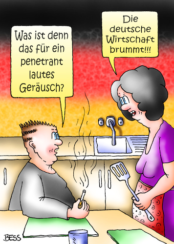 Cartoon: penetrantes Geräusch (medium) by besscartoon tagged mann,frau,paar,beziehung,ehe,geräusch,deutschland,wirtschaft,brummt,politik,export,exportüberschuss,konjunktur,bess,besscartoon