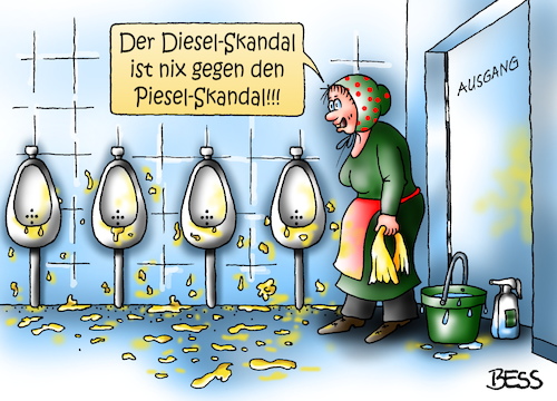 Cartoon: Piesel-Skandal (medium) by besscartoon tagged wc,toilette,putzfrau,toilettenfrau,pieseln,dieselskandal,pieselskandal,bess,besscartoon