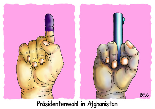 Cartoon: Präsidentenwahl in Afghanistan (medium) by besscartoon tagged afghanistan,demokratie,pistole,gewalt,anschlag,taliban,wahl,präsidentschaftswahl,präsident,politik,freiheit,bess,besscartoon