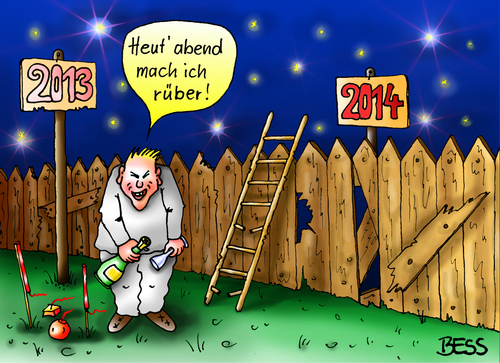 Cartoon: Prost Neujahr (medium) by besscartoon tagged rüber,machen,silvester,2013,2014,fest,feiern,neues,jahr,sekt,neujahr,prost,prosit,böller,knaller,mauer,bess,besscartoon