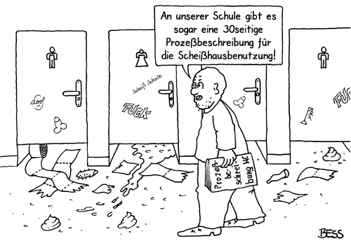 Cartoon: Prozeßbeschreibung WC (medium) by besscartoon tagged wc,toilette,prozessbeschreibung,schule,pädagogik,erziehung,lernen,lehrer,pauker,schüler,realschule,hauptschule,werkrealschule,gymnasium,gemeinschaftsschule,bess,besscartoon