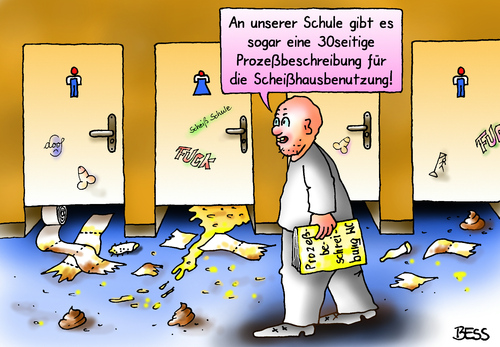 Cartoon: Prozeßbeschreibung WC (medium) by besscartoon tagged wc,toilette,prozessbeschreibung,schule,pädagogik,erziehung,lernen,lehrer,pauker,schüler,realschule,hauptschule,werkrealschule,gymnasium,gemeinschaftsschule,bess,besscartoon