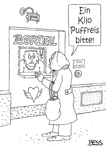 Cartoon: Puffreis (medium) by besscartoon tagged bordell,puff,frau,mann,einkaufen,puffreis,bess,besscartoon