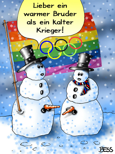 Cartoon: Putins Albtraum (medium) by besscartoon tagged schneemann,homophobie,albtraum,schwulenfeindlichkeit,rußland,karotte,wintersport,sochi,sotschi,winterolympiade,olympia,sport,schwul,regenbogen,regenbogenfahne,warm,bruder,kalt,krieger,putin,bess,besscartoon