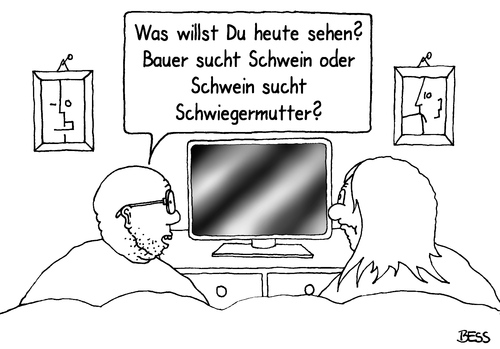 Cartoon: Qual der Wahl (medium) by besscartoon tagged paar,beziehung,ehe,tv,mann,frau,fernsehen,bauer,serie,sucht,schwein,schwiegermutter,bess,besscartoon