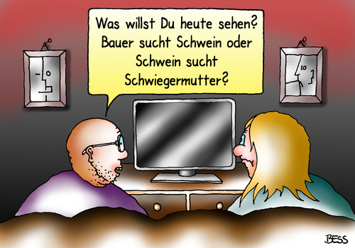 Cartoon: Qual der Wahl (medium) by besscartoon tagged paar,beziehung,ehe,tv,mann,frau,fernsehen,bauer,serie,sucht,schwein,schwiegermutter,bess,besscartoon