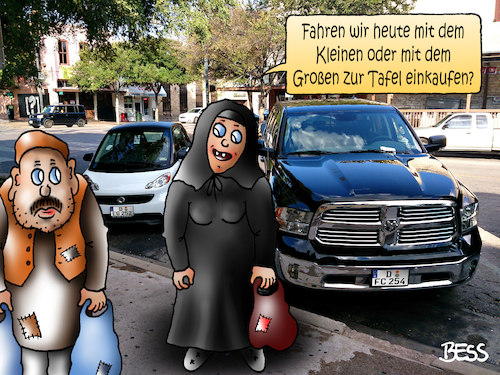 Cartoon: Qual der Wahl (medium) by besscartoon tagged essen,trinken,tafeln,deutschland,tafel,armut,hunger,lebensmittel,altersarmut,ausländer,versorgungsicherheit,geld,reichtum,auto,bess,besscartoon