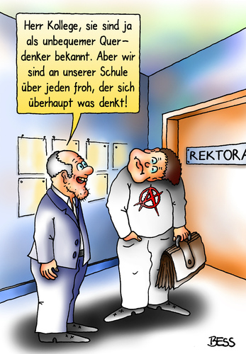 Cartoon: Querdenker (medium) by besscartoon tagged schule,lernen,unterricht,pädagogik,denken,querdenker,erziehung,hauptschule,realschule,gemeinschaftsschule,werkrealschule,gymnasium,lehrer,pauker,bess,besscartoon