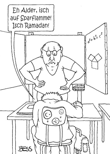 Cartoon: Ramadan (medium) by besscartoon tagged schule,pädagogik,lehrer,pauker,ramadan,islam,religion,schüler,hauptschule,realschule,gymnasium,sparflamme,bess,besscartoon