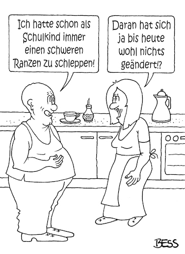 Cartoon: Ranzen schleppen (medium) by besscartoon tagged mann,frau,paar,beziehung,fett,dick,übergewicht,ranzen,schleppen,schule,schulkind,bess,besscartoon