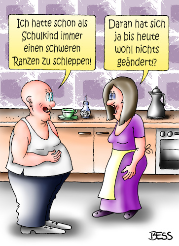 Cartoon: Ranzen schleppen (medium) by besscartoon tagged mann,frau,paar,beziehung,fett,dick,übergewicht,ranzen,schleppen,schule,schulkind,bess,besscartoon