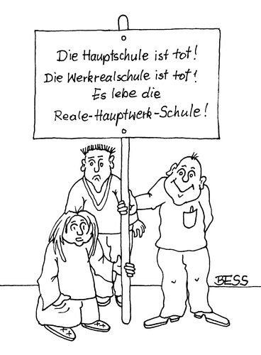 Cartoon: Reale-Hauptwerk-Schule (medium) by besscartoon tagged pädagogik,schule,lehrer,schüler,schulreform,reform,hauptschule,realschule,werkrealschule,bess,besscartoon