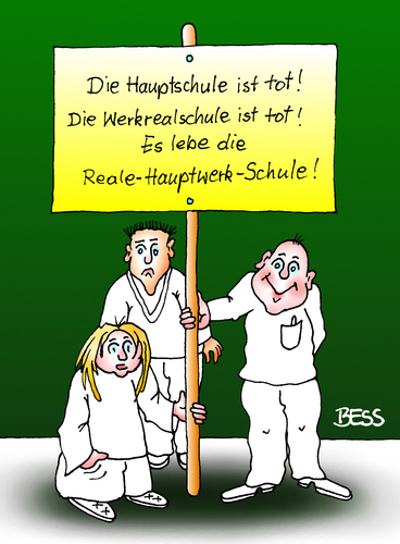 Cartoon: Reale-Hauptwerk-Schule (medium) by besscartoon tagged pädagogik,schule,lehrer,schüler,schulreform,reform,hauptschule,realschule,werkrealschule,bess,besscartoon