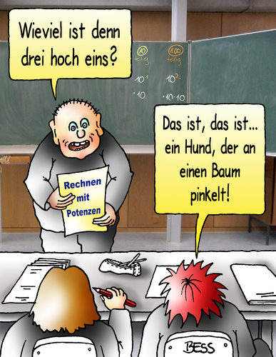 Cartoon: Rechnen mit Potenzen (medium) by besscartoon tagged potenzen,mathematik,rechnen,hund,baum,pinkeln,schule,pädagogik,erziehung,hauptschule,realschule,gemeinschaftsschule,werkrealschule,gymnasium,lehrer,pauker,bess,besscartoon