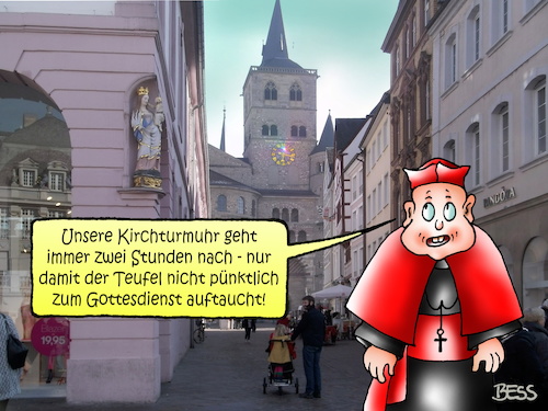 Cartoon: reingelegt (medium) by besscartoon tagged religion,christentum,kirche,katholisch,teufel,kirchturmuhr,dom,trier,pfarrer,priester,bischof,bess,besscartoon