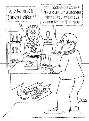 Cartoon: Reklamation (medium) by besscartoon tagged mann,frau,flöte,geschäft,glas,sekt,sektflöte,musik,bess,besscartoon