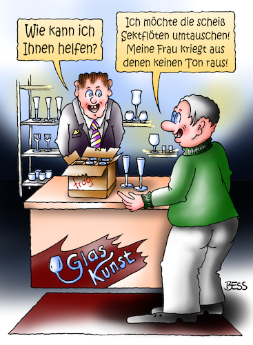 Cartoon: Reklamation (medium) by besscartoon tagged mann,frau,flöte,geschäft,glas,sekt,sektflöte,musik,bess,besscartoon