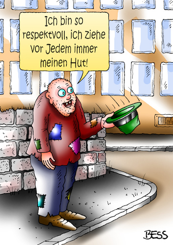 Cartoon: Respekt (medium) by besscartoon tagged penner,bettler,armut,respekt,respektvoll,geld,finanzen,hut,ziehen,bess,besscartoon