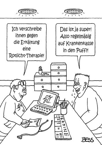 Cartoon: Rotlicht-Therapie (medium) by besscartoon tagged arzt,patient,doktor,gesund,krank,erkältung,puff,bordell,rotlicht,therapie,krankenkasse,rezept,bess,besscartoon