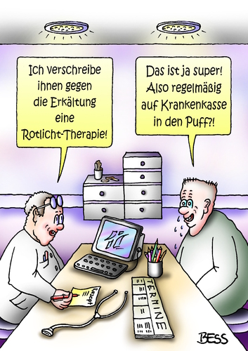 Cartoon: Rotlicht-Therapie (medium) by besscartoon tagged arzt,patient,doktor,gesund,krank,erkältung,puff,bordell,rotlicht,therapie,krankenkasse,rezept,bess,besscartoon