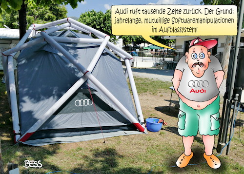 Cartoon: Rückrufaktion (medium) by besscartoon tagged camping,urlaub,ferien,zelt,audi,auto,schummelsoftware,softwaremanipulation,umwelt,aufblassystem,bess,besscartoon