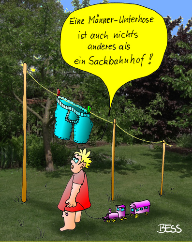 Cartoon: Sackbahnhof (medium) by besscartoon tagged besscartoon,bess,sackbahnhof,wäscheleine,unterhose,eisenbahn,spielen,kind