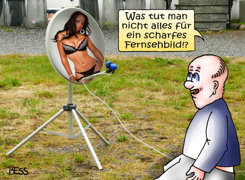 Cartoon: scharfes Fernsehbild (medium) by besscartoon tagged mann,fernsehen,scharf,frau,satellitenschüssel,bess,besscartoon