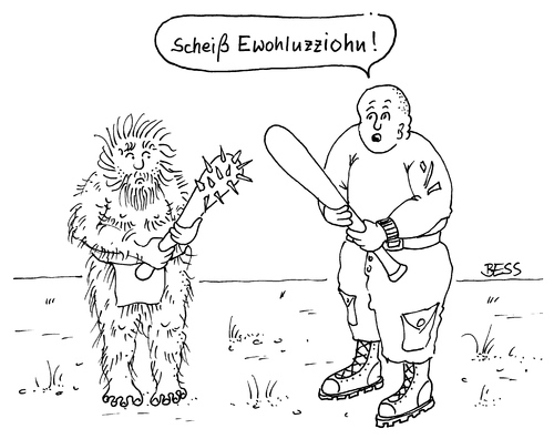 Cartoon: Scheiss Evolution! (medium) by besscartoon tagged neandertaler,rechts,skin,keule,evolution,baseballschläger,bess,besscartoon