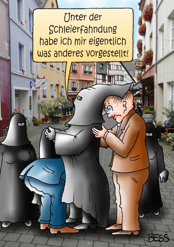 Cartoon: Schleierfahndung (medium) by besscartoon tagged justiz,schleierfahndung,verdeckte,ermittlung,personenkontrolle,polizei,staat,rechtsstaat,deutschland,islam,burka,religion,terrorismus,bess,besscartoon