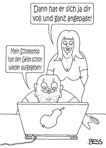 Cartoon: Schlepptop (medium) by besscartoon tagged man,frau,paar,computer,geist,aufgegeben,beziehung,technik,digitalisierung,bess,besscartoon