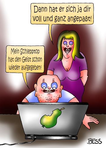 Cartoon: Schlepptop (medium) by besscartoon tagged man,frau,paar,computer,geist,aufgegeben,beziehung,technik,digitalisierung,bess,besscartoon