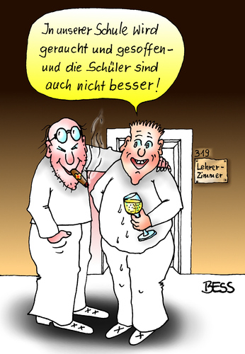 Cartoon: Schulalltag (medium) by besscartoon tagged besscartoon,bess,schüler,alkohol,gymnasium,realschule,werkrealschule,hauptschule,trinken,saufen,rauchen,lehrerzimmer,lernen,lehrer,pädagogik,schule