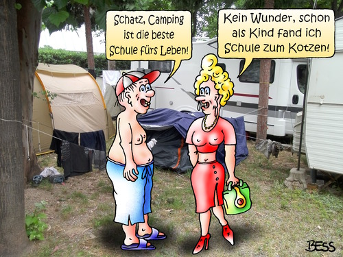 Cartoon: Schule fürs Leben (medium) by besscartoon tagged man,frau,paar,beziehung,schule,fürs,leben,kotzen,urlaub,ferien,camping,zelt,bess,besscartoon