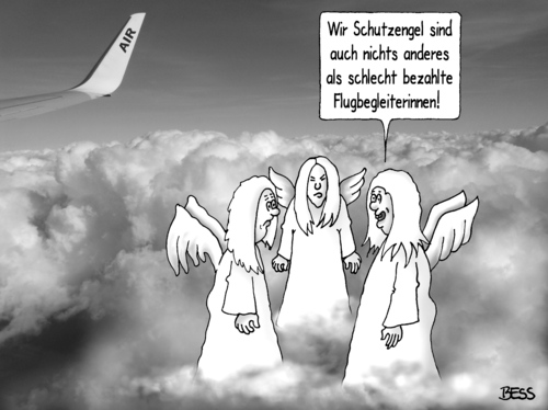 Cartoon: Schutzengel (medium) by besscartoon tagged besscartoon,bess,bezahlung,geld,angst,flugbegleiter,schutzengel,engel,flugzeug,fliegen,wolken,himmel