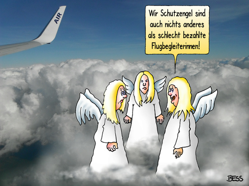 Cartoon: Schutzengel (medium) by besscartoon tagged besscartoon,bess,bezahlung,geld,angst,flugbegleiter,schutzengel,engel,flugzeug,fliegen,wolken,himmel