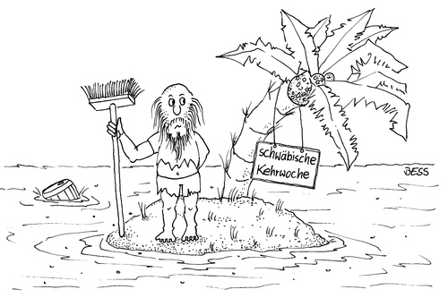 Cartoon: Schwäbische Kehrwoche (medium) by besscartoon tagged insel,meer,palme,schiffbruch,einsamkeit,schwäbisch,schwaben,kehrwoche,bess,besscartoon