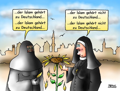 Cartoon: Schwarz-Seher (medium) by besscartoon tagged religion,islam,burka,nonne,migration,integration,christentum,deutschland,bess,besscartoon