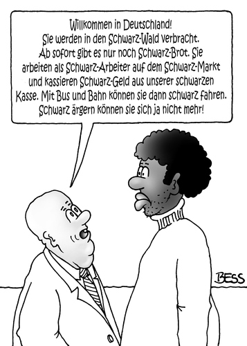 Cartoon: schwarzer Humor (medium) by besscartoon tagged schwarz,willkommen,welcome,schwarzwald,schwarzbrot,schwarzarbeit,schwarzmarkt,fahren,kasse,ärgern,afrika,rot,gold,deutschland,integration,flüchtlinge,bess,besscartoon