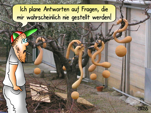 Cartoon: Schwebezustand (medium) by besscartoon tagged mann,baum,fragen,antworten,fragezeichen,schwebezustand,bess,besscartoon