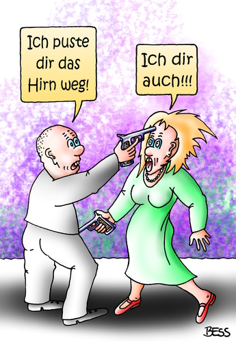 Cartoon: selektive Wahrnehmung (medium) by besscartoon tagged mann,frau,paar,beziehung,gewalt,krimell,pistole,drohung,gehirn,bess,besscartoon