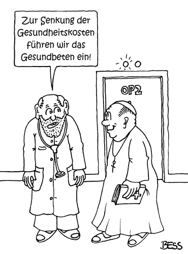 Cartoon: Senkung der Gesundheitskosten (medium) by besscartoon tagged arzt,medizin,kirche,katholisch,evangelisch,beten,krank,gesund,krankenhaus,senkung,gesundheitskosten,bess,besscartoon