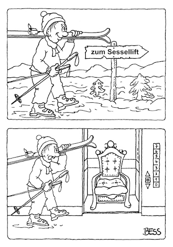Cartoon: Sessellift (medium) by besscartoon tagged winter,wintersport,sport,skifahren,fahrstuhl,schnee,lift,sessellift,sessel,bess,besscartoon