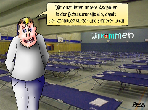 Cartoon: sicherer Schulweg (medium) by besscartoon tagged besscartoon,bess,wohnungsnot,unterkunft,wohnen,politik,deutschland,syrien,flüchtlingsdrama,flüchtlinge,asyl,welcome,willkommen,schulweg,turnhalle,schule