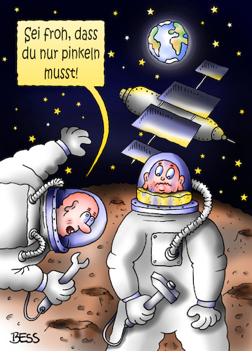 Cartoon: so ein Glück (medium) by besscartoon tagged raumfahrt,mond,erde,astronaut,kosmonaut,pinkeln,iss,technik,bess,besscartoon