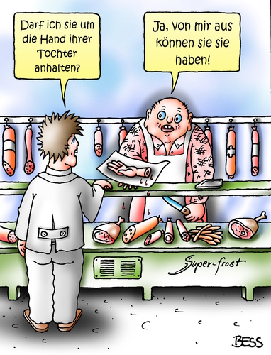 Cartoon: so sind halt Metzger (medium) by besscartoon tagged mann,frau,beziehung,liebe,heirat,hochzeit,hand,anhalten,ehe,metzger,bess,besscartoon