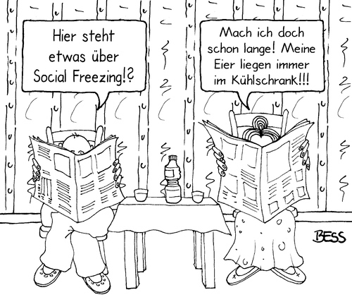 Cartoon: Social Freezing (medium) by besscartoon tagged mann,frau,paar,beziehung,social,freezing,kinder,einfrieren,baby,eier,kühlschrank,zeitung,lesen,bess,besscartoon