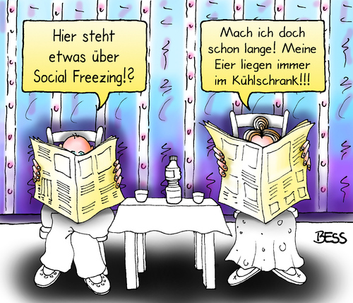 Cartoon: Social Freezing (medium) by besscartoon tagged mann,frau,paar,beziehung,social,freezing,kinder,einfrieren,baby,eier,kühlschrank,zeitung,lesen,bess,besscartoon