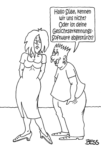 Cartoon: Software-Fehler (medium) by besscartoon tagged bess,beziehung,alter,liebe,paar,frau,mann,anmache,absturz,fehler,software,gesichtserkennung,besscartoon