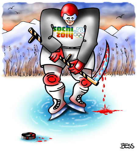 Cartoon: Sotschi (medium) by besscartoon tagged bess,gesetze,putin,homophobie,schwulenfeindlichkeit,rußland,wintersport,sochi,sotschi,winterolympiade,olympia,blut,eishockey,sport,besscartoon
